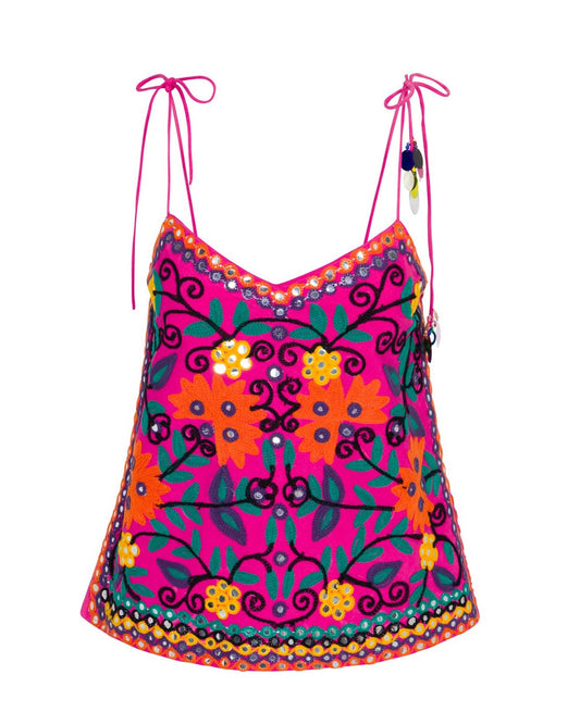 Plumeria Embroidered Cami - Fuchsia