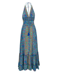 Amber Blossom Halter Maxi Dress - Blue Paisley