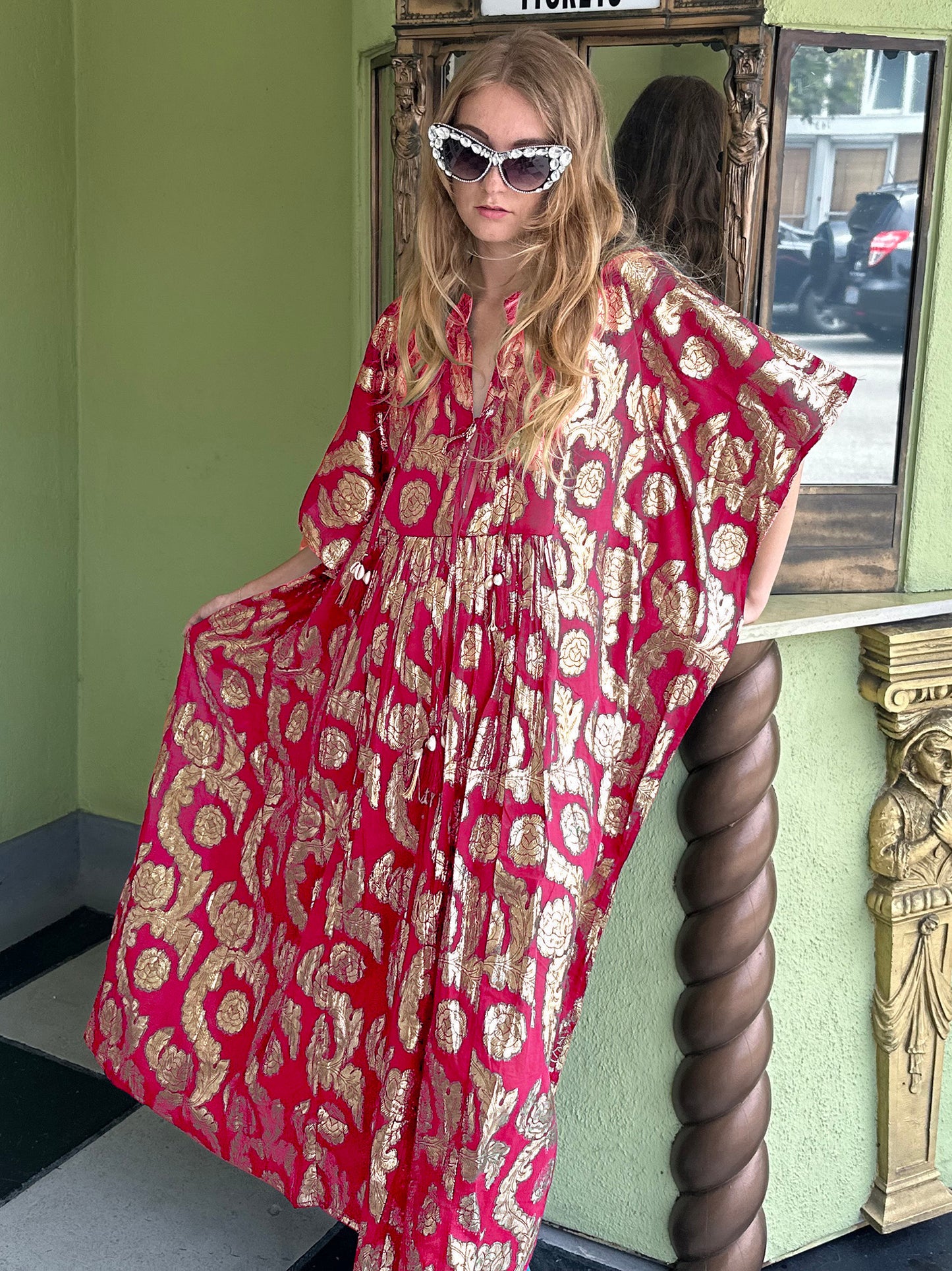 Palm Springs Caftan Maxi Dress - Pomegranate/Gold